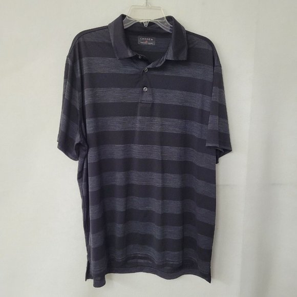 Chase54 Shirt Mens XL Short Sleeve Performance Polo‎ Black/Grey Stripe - Picture 1 of 11